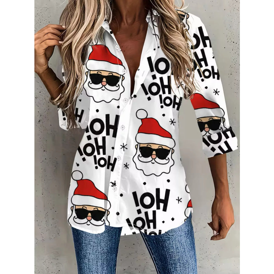 Full Size Christmas Santa Claus Print Button-Down Shirt Plus White / S Apparel and Accessories
