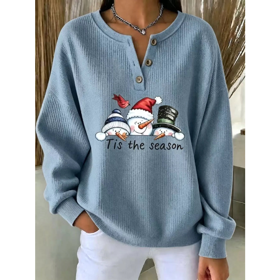 Full Size Christmas Themed Snowman Graphic Ribbed Henley Sweatshirt Plus Air Force Blue / S Apparel and Accessories
