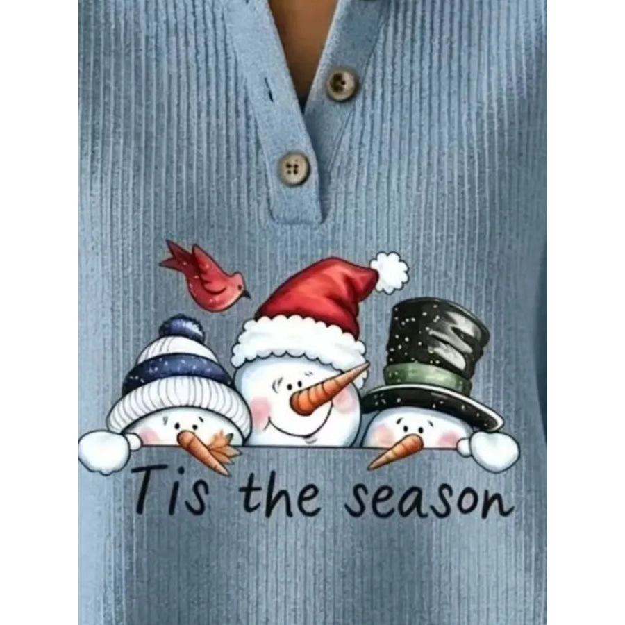 Full Size Christmas Themed Snowman Graphic Ribbed Henley Sweatshirt Plus Apparel and Accessories