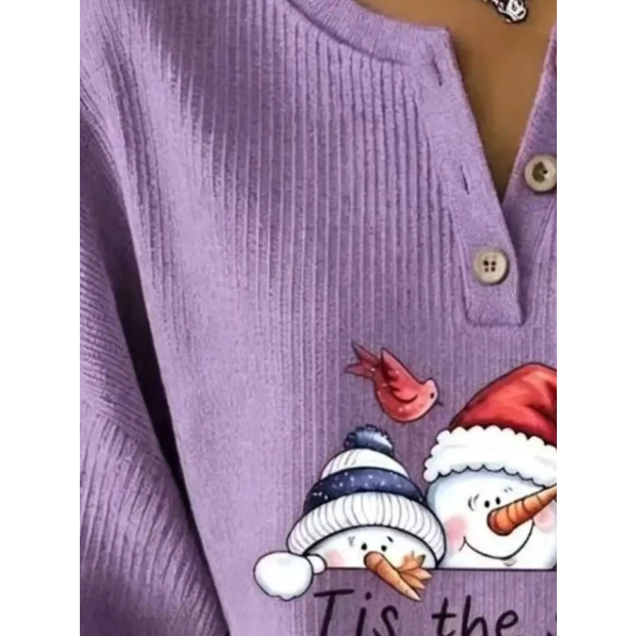 Full Size Christmas Themed Snowman Graphic Ribbed Henley Sweatshirt Plus Apparel and Accessories