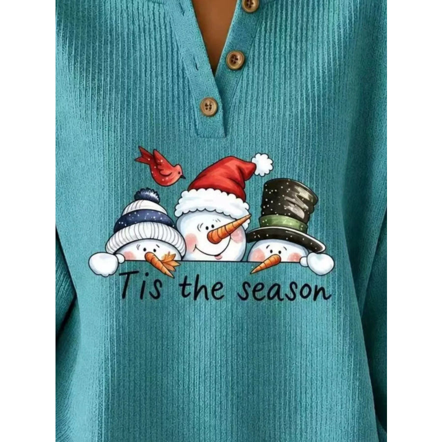 Full Size Christmas Themed Snowman Graphic Ribbed Henley Sweatshirt Plus Apparel and Accessories