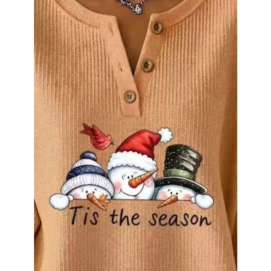 Full Size Christmas Themed Snowman Graphic Ribbed Henley Sweatshirt Plus Apparel and Accessories