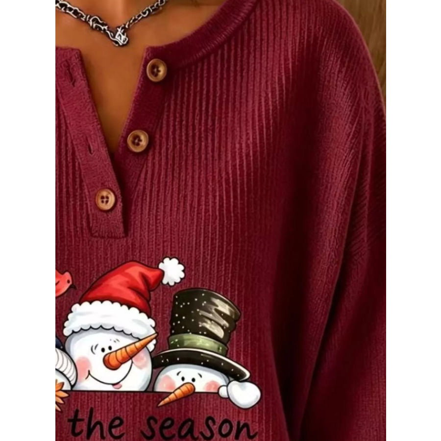 Full Size Christmas Themed Snowman Graphic Ribbed Henley Sweatshirt Plus Apparel and Accessories