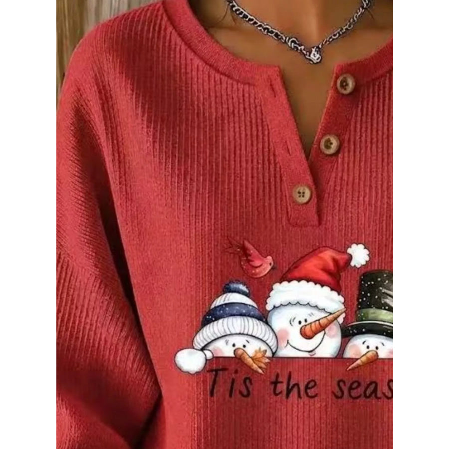 Full Size Christmas Themed Snowman Graphic Ribbed Henley Sweatshirt Plus Apparel and Accessories