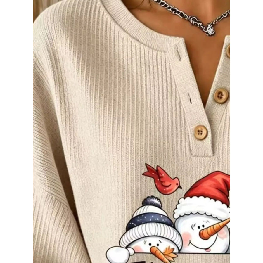 Full Size Christmas Themed Snowman Graphic Ribbed Henley Sweatshirt Plus Apparel and Accessories
