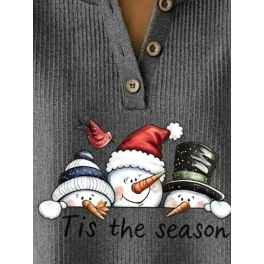Full Size Christmas Themed Snowman Graphic Ribbed Henley Sweatshirt Plus Apparel and Accessories