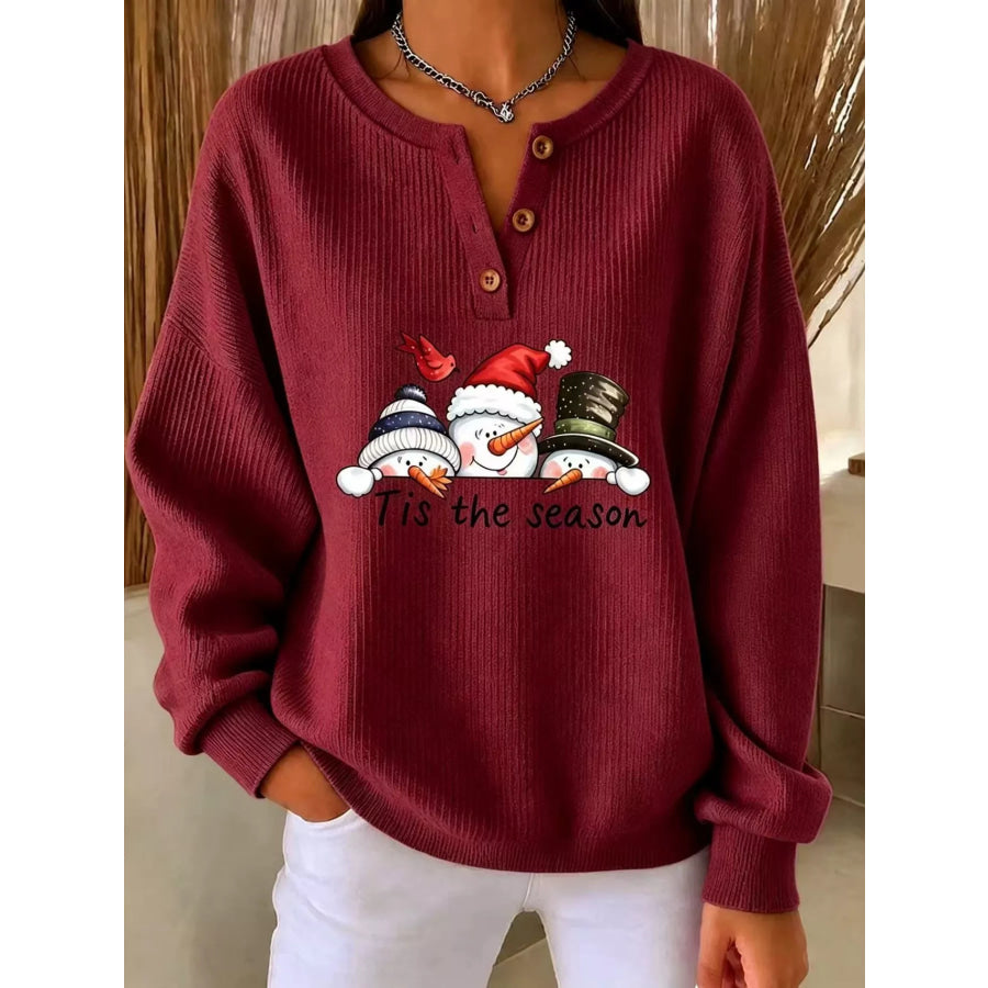 Full Size Christmas Themed Snowman Graphic Ribbed Henley Sweatshirt Plus Burgundy / S Apparel and Accessories
