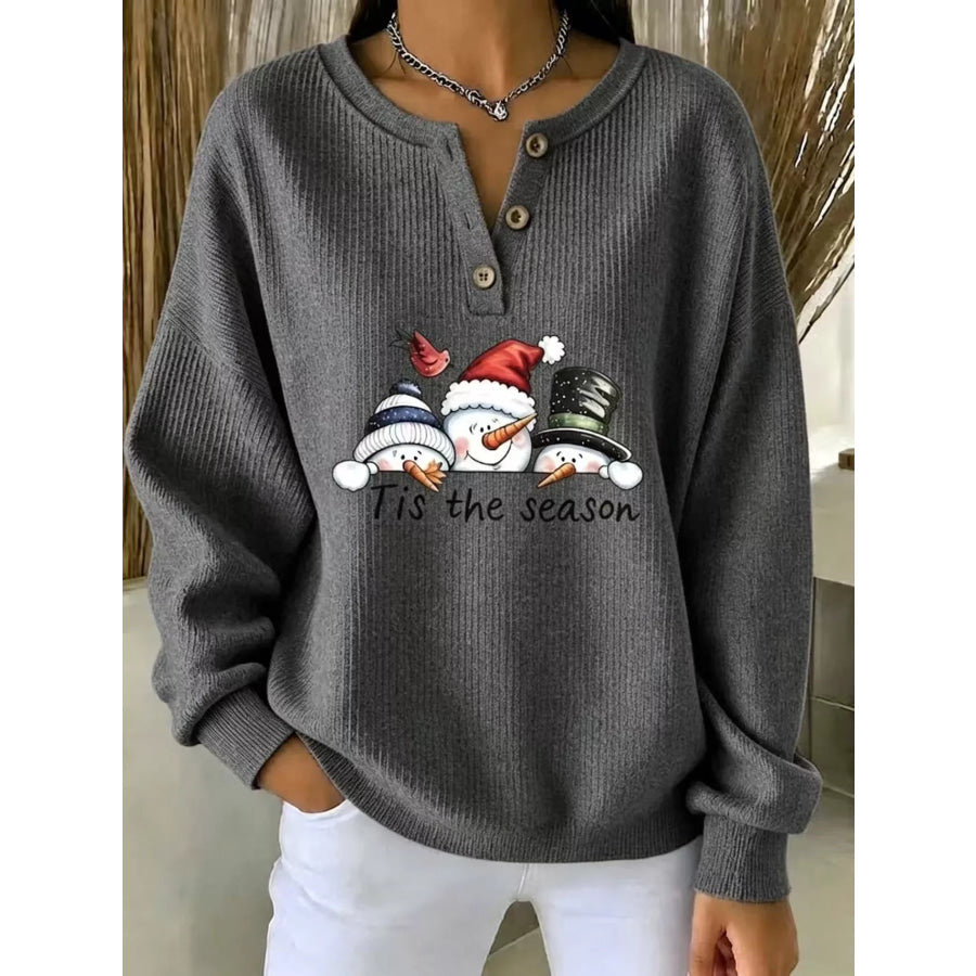 Full Size Christmas Themed Snowman Graphic Ribbed Henley Sweatshirt Plus Dark Gray / S Apparel and Accessories