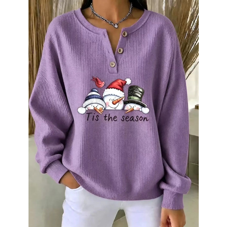 Full Size Christmas Themed Snowman Graphic Ribbed Henley Sweatshirt Plus Mauve / S Apparel and Accessories