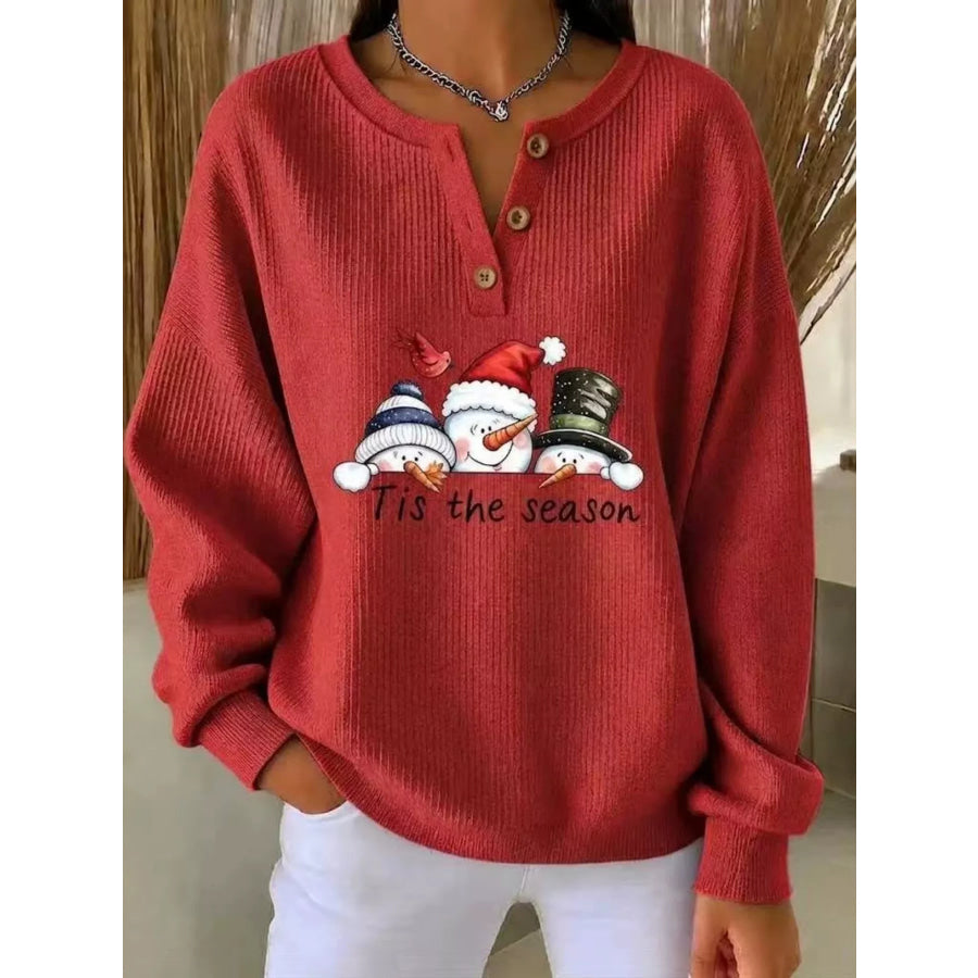 Full Size Christmas Themed Snowman Graphic Ribbed Henley Sweatshirt Plus Scarlet / S Apparel and Accessories
