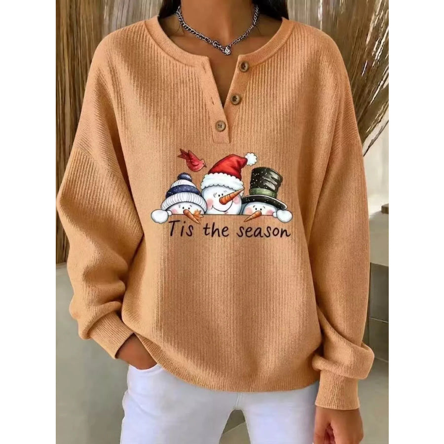 Full Size Christmas Themed Snowman Graphic Ribbed Henley Sweatshirt Plus Sherbet / S Apparel and Accessories
