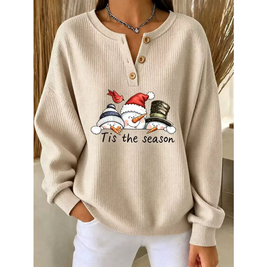 Full Size Christmas Themed Snowman Graphic Ribbed Henley Sweatshirt Plus Tan / S Apparel and Accessories