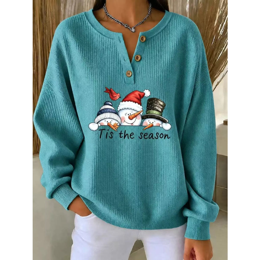 Full Size Christmas Themed Snowman Graphic Ribbed Henley Sweatshirt Plus Turquoise / S Apparel and Accessories