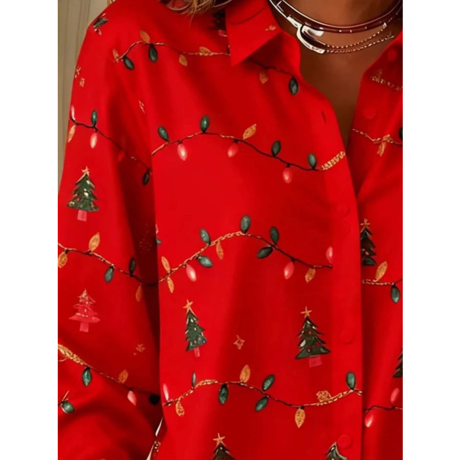 Full Size Christmas Tree Print Long Sleeve Button-Down Shirt Plus Apparel and Accessories