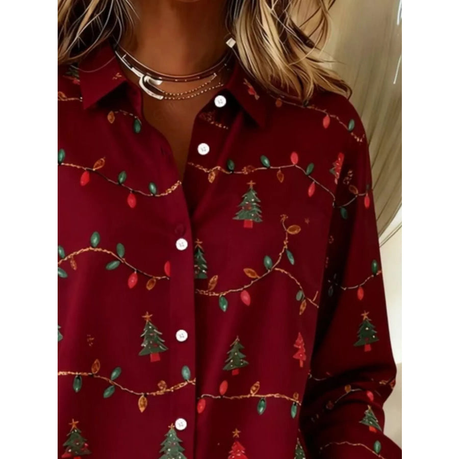 Full Size Christmas Tree Print Long Sleeve Button-Down Shirt Plus Apparel and Accessories