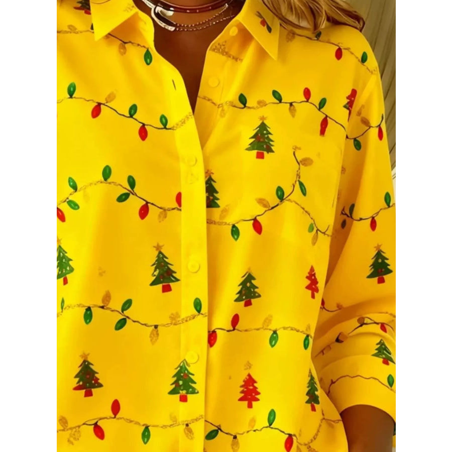 Full Size Christmas Tree Print Long Sleeve Button-Down Shirt Plus Apparel and Accessories
