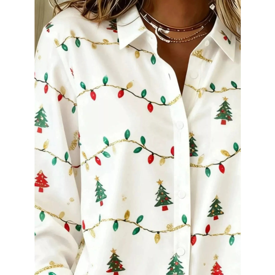 Full Size Christmas Tree Print Long Sleeve Button-Down Shirt Plus Apparel and Accessories