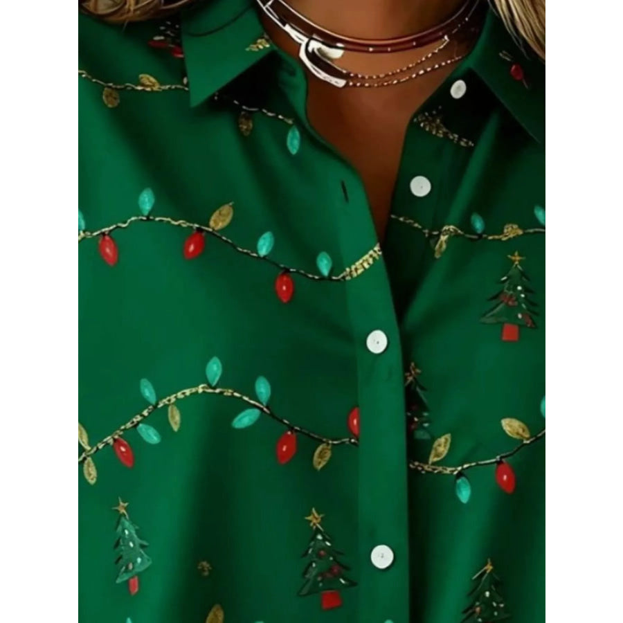 Full Size Christmas Tree Print Long Sleeve Button-Down Shirt Plus Apparel and Accessories