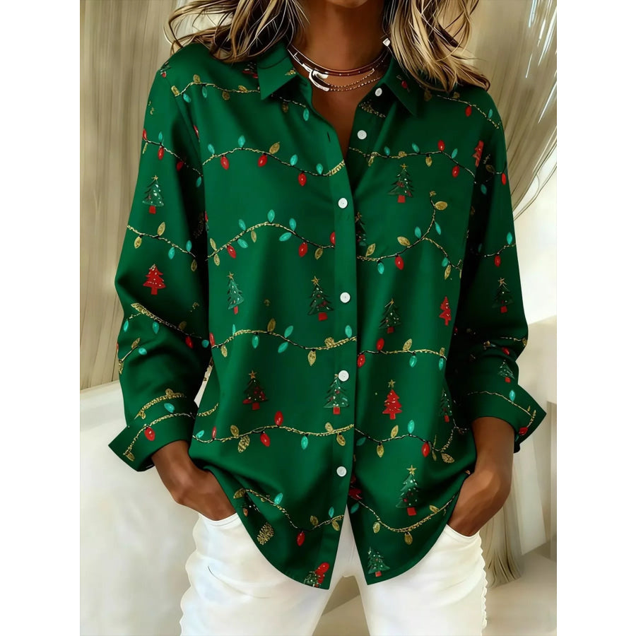 Full Size Christmas Tree Print Long Sleeve Button-Down Shirt Plus Black Forest / S Apparel and Accessories