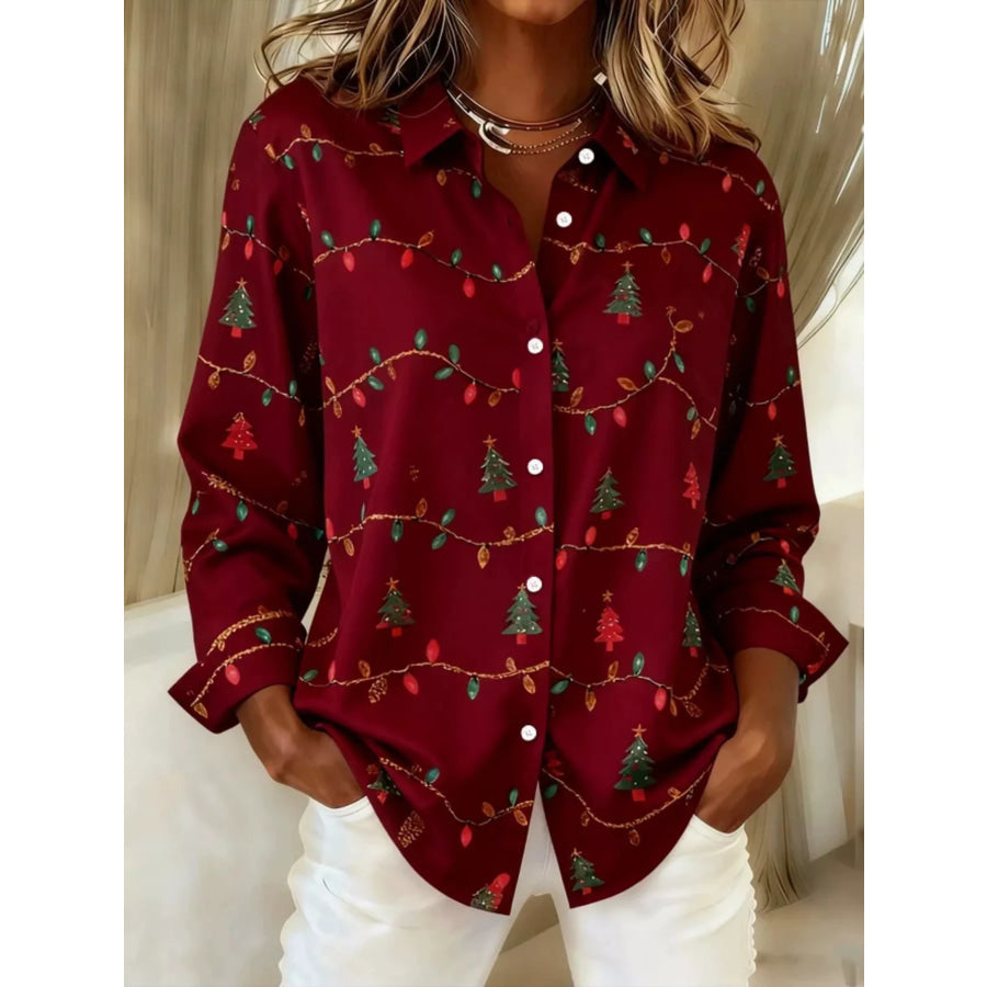Full Size Christmas Tree Print Long Sleeve Button-Down Shirt Plus Burgundy / S Apparel and Accessories