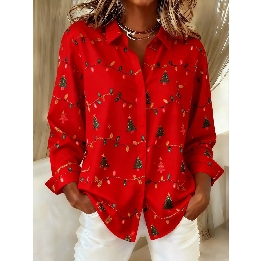 Full Size Christmas Tree Print Long Sleeve Button-Down Shirt Plus Red / S Apparel and Accessories