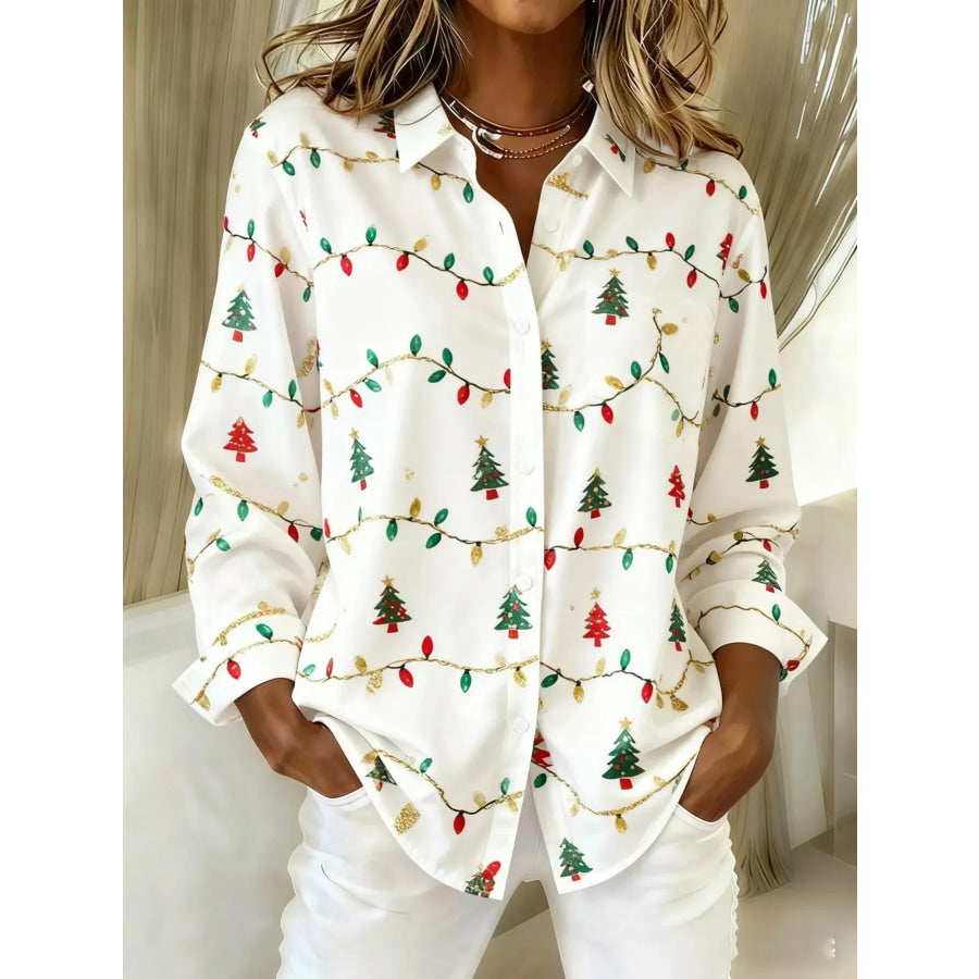 Full Size Christmas Tree Print Long Sleeve Button-Down Shirt Plus White / S Apparel and Accessories
