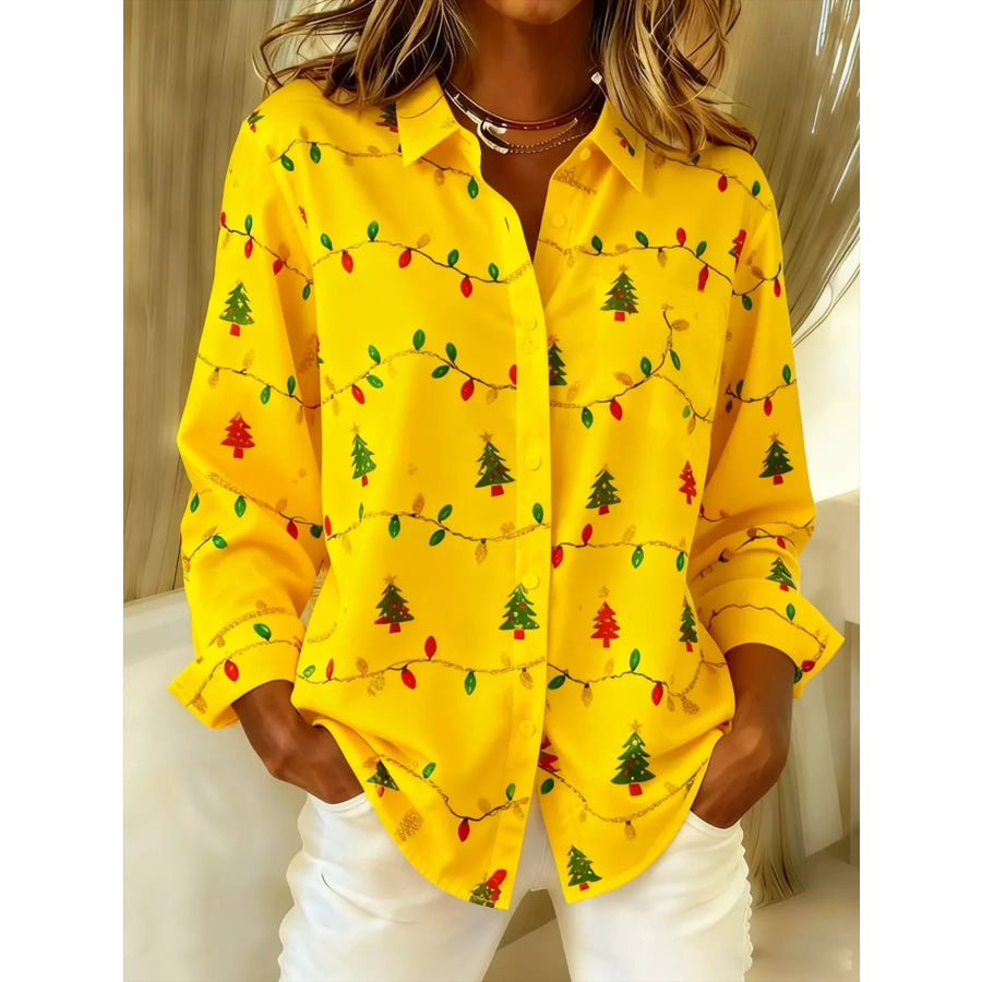 Full Size Christmas Tree Print Long Sleeve Button-Down Shirt Plus Yellow / S Apparel and Accessories