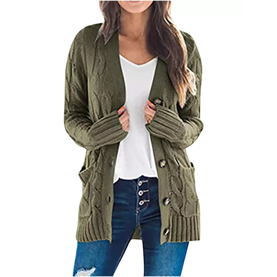 Full Size Chunky Cable Knit Button-Down Cardigan Plus Army Green / S Apparel and Accessories