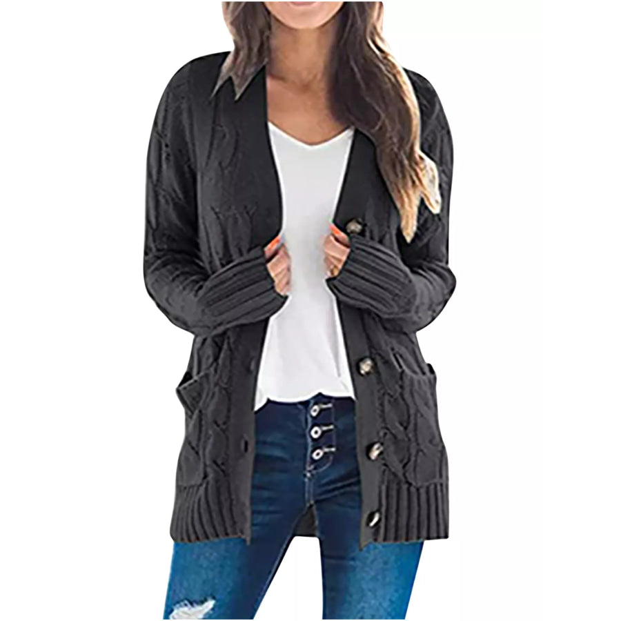 Full Size Chunky Cable Knit Button-Down Cardigan Plus Black / S Apparel and Accessories