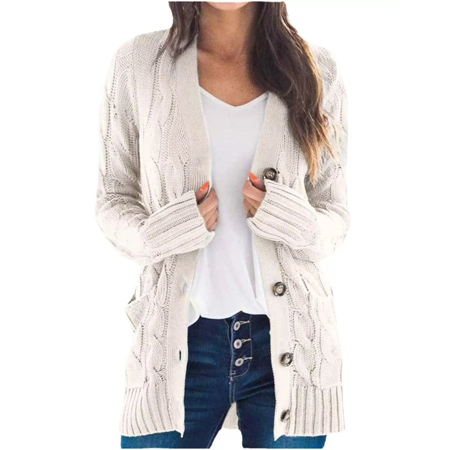 Full Size Chunky Cable Knit Button-Down Cardigan Plus Cream / S Apparel and Accessories