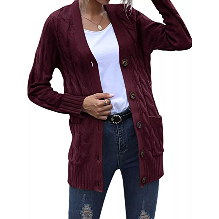Full Size Chunky Cable Knit Button-Down Cardigan Plus Dark Red / S Apparel and Accessories