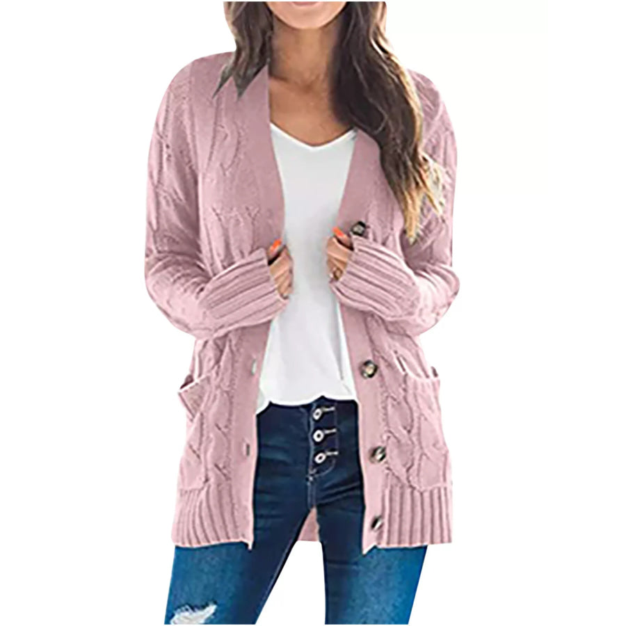 Full Size Chunky Cable Knit Button-Down Cardigan Plus Dusty Pink / S Apparel and Accessories