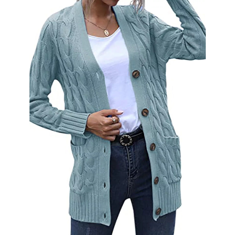 Full Size Chunky Cable Knit Button-Down Cardigan Plus Light Blue / S Apparel and Accessories
