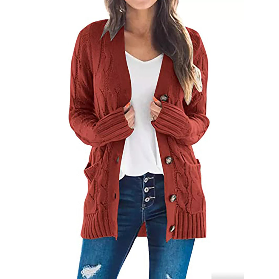 Full Size Chunky Cable Knit Button-Down Cardigan Plus Rust / S Apparel and Accessories