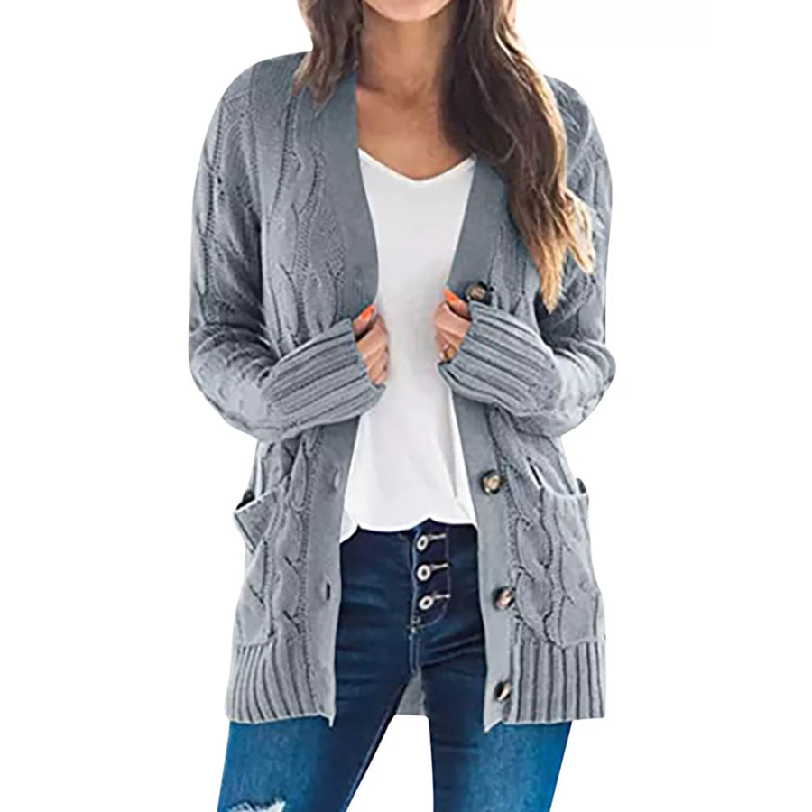Full Size Chunky Cable Knit Button-Down Cardigan Plus Silver Gray / S Apparel and Accessories