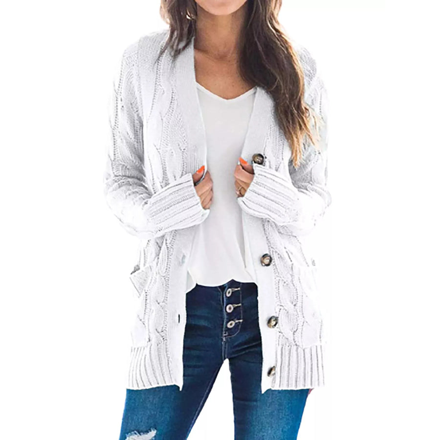 Full Size Chunky Cable Knit Button-Down Cardigan Plus White / S Apparel and Accessories