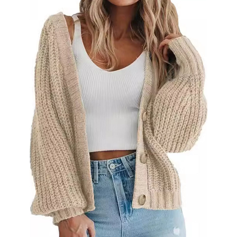 Full Size Chunky Knit Button-Down Cardigan Plus Apricot / S Apparel and Accessories
