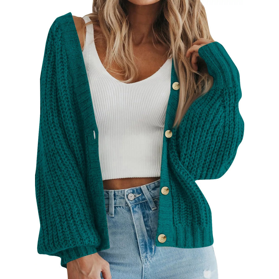 Full Size Chunky Knit Button-Down Cardigan Plus Black Forest / S Apparel and Accessories