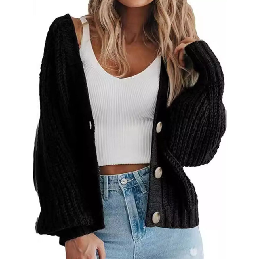 Full Size Chunky Knit Button-Down Cardigan Plus Black / S Apparel and Accessories