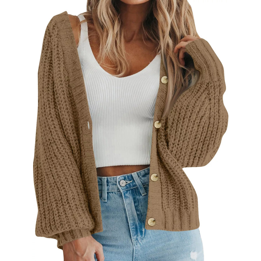 Full Size Chunky Knit Button-Down Cardigan Plus Camel / S Apparel and Accessories