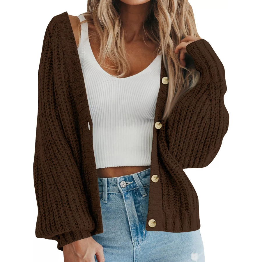 Full Size Chunky Knit Button-Down Cardigan Plus Coffee / S Apparel and Accessories