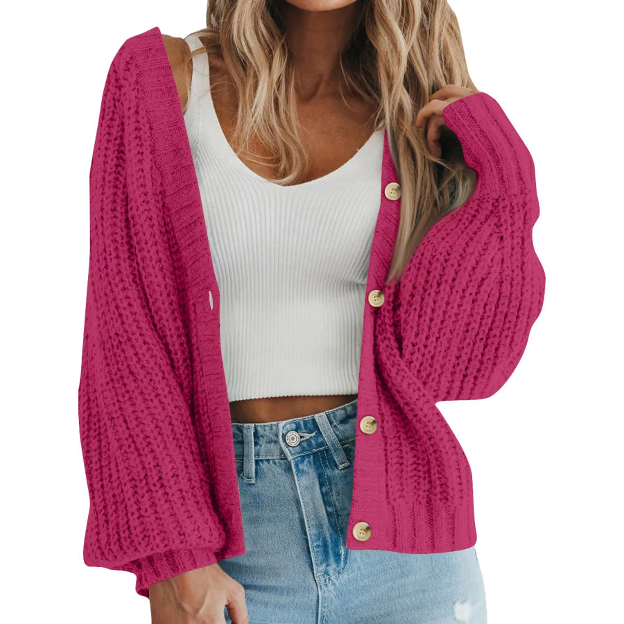 Full Size Chunky Knit Button-Down Cardigan Plus Hot Pink / S Apparel and Accessories