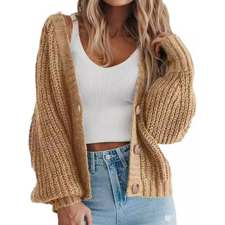 Full Size Chunky Knit Button-Down Cardigan Plus Khaki / S Apparel and Accessories