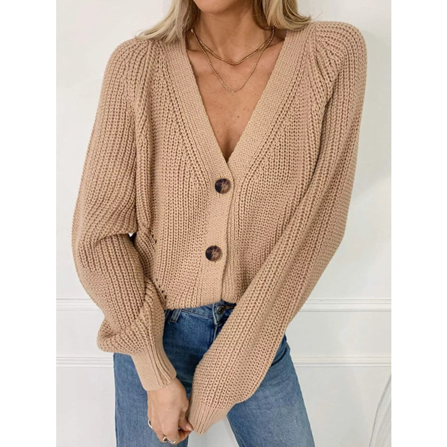 Full Size Chunky Knit Button-Down Cardigan Plus Size Khaki / S Apparel and Accessories