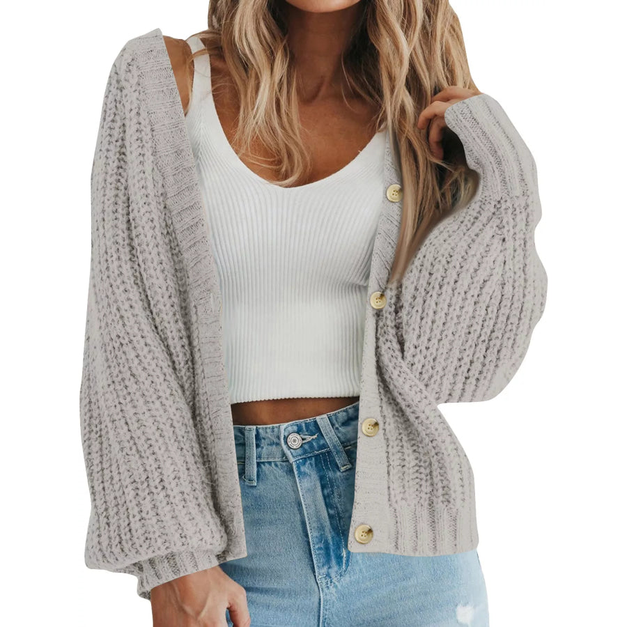 Full Size Chunky Knit Button-Down Cardigan Plus Light Gray / S Apparel and Accessories