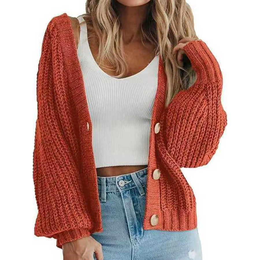 Full Size Chunky Knit Button-Down Cardigan Plus Orange Red / S Apparel and Accessories
