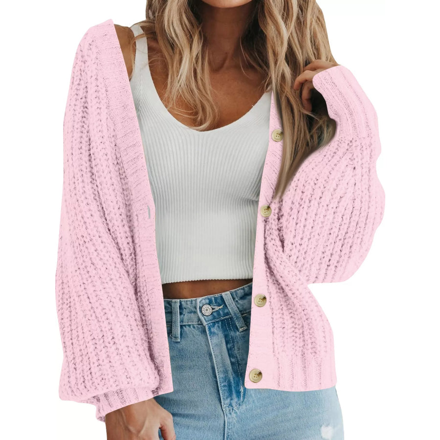 Full Size Chunky Knit Button-Down Cardigan Plus Pink / S Apparel and Accessories