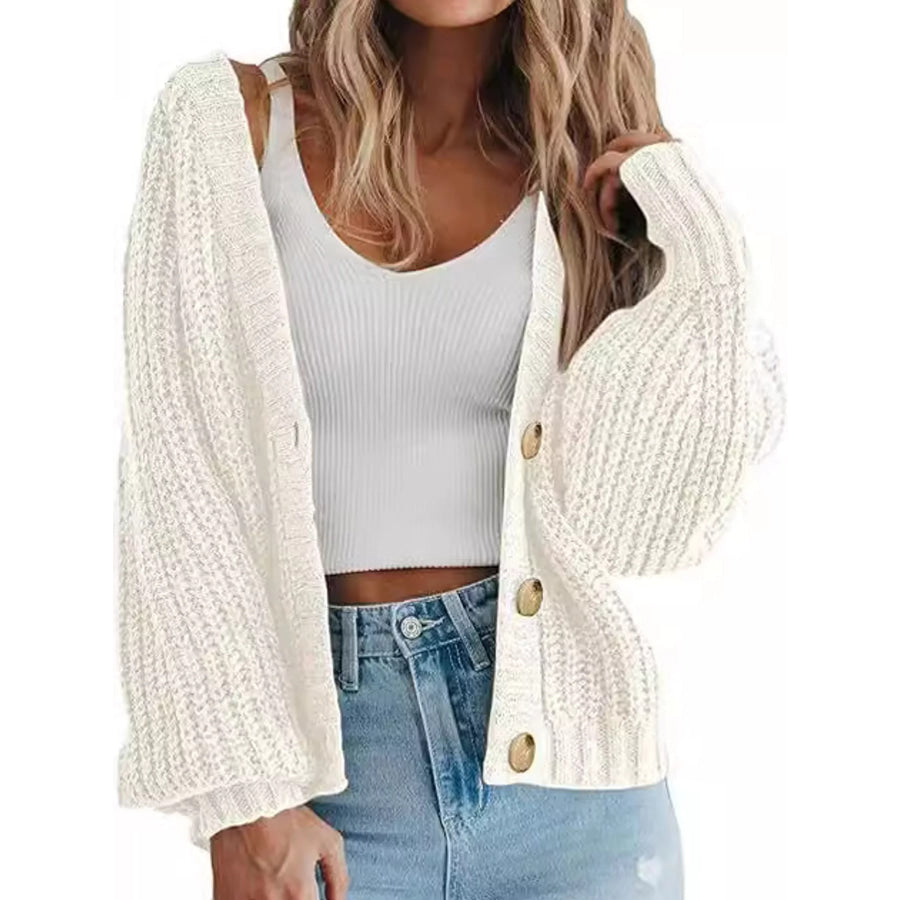 Full Size Chunky Knit Button-Down Cardigan Plus White / S Apparel and Accessories