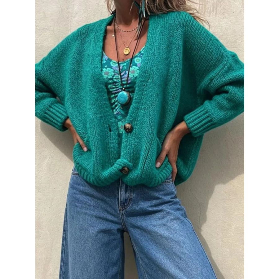 Full Size Chunky Knit Button-Up Cardigan Plus Size Peacock Blue / S Apparel and Accessories