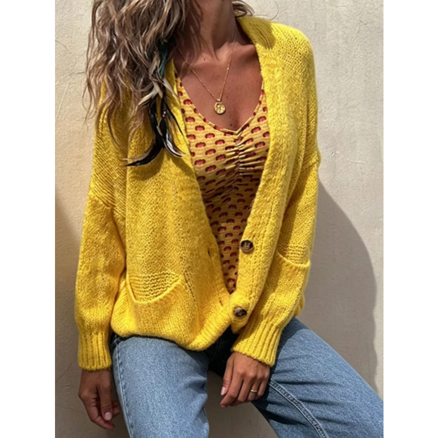 Full Size Chunky Knit Button-Up Cardigan Plus Size Yellow / S Apparel and Accessories